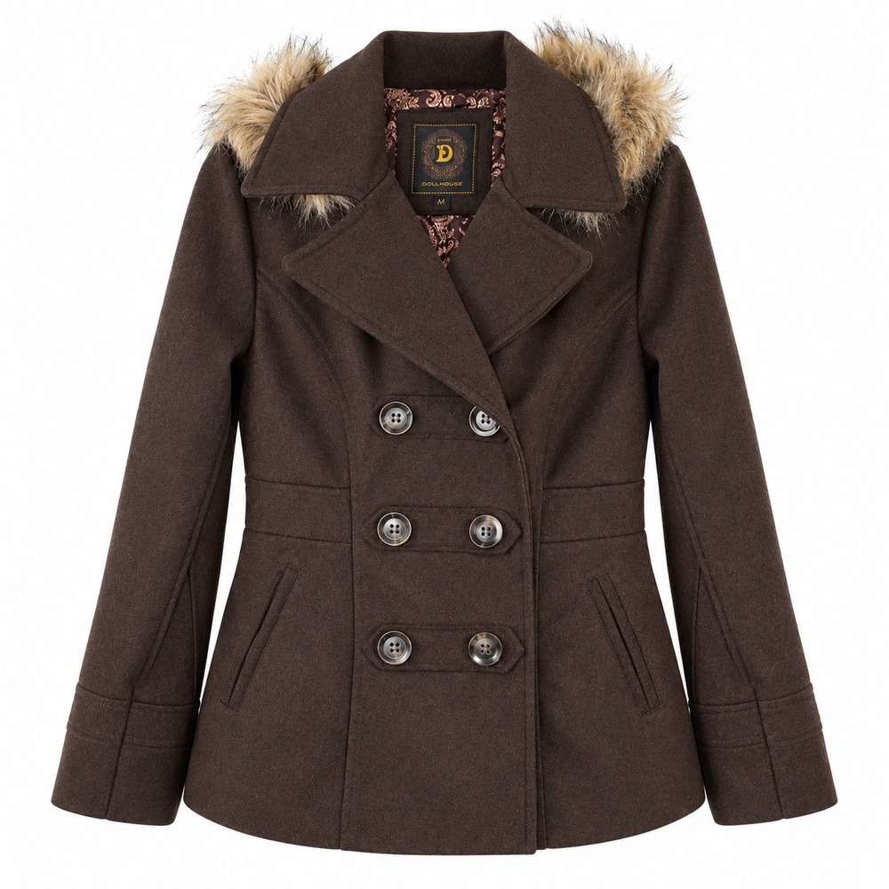 Dollhouse Brown Wool Blend Pea Coat Faux Fur Hood y2k Womens Medium